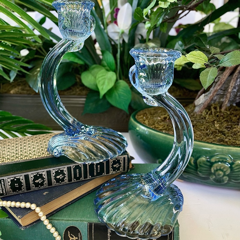 Cambridge Caprice Moonlight Blue Shell Candlestick Holders PAIR